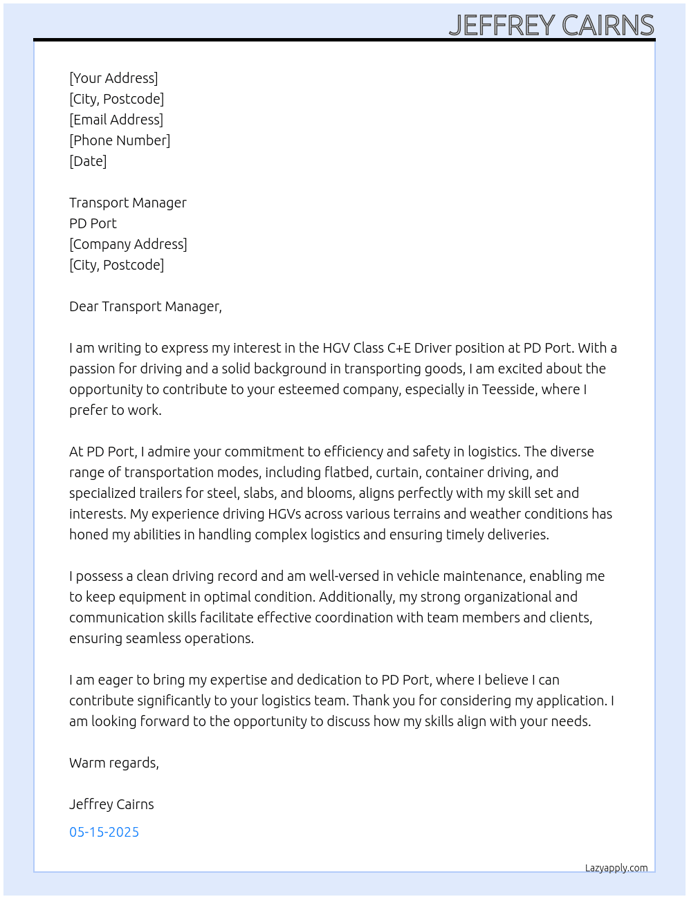 hgv class c+e driver At PD port  Cover Letter