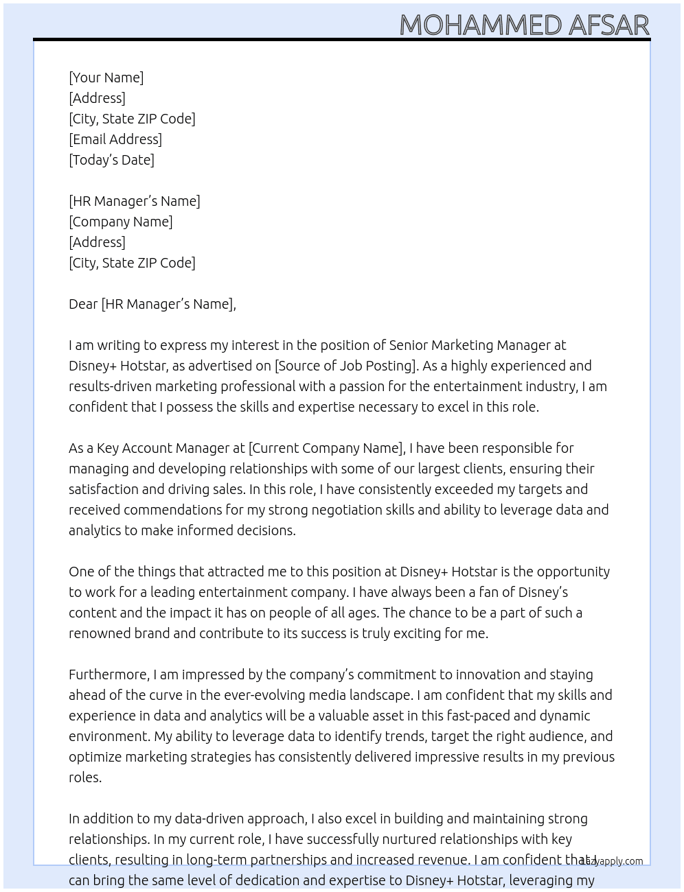 Senior Marketing Manager At Assistant Manager - Mid Market Sales, Disney+ Hotstar Cover Letter