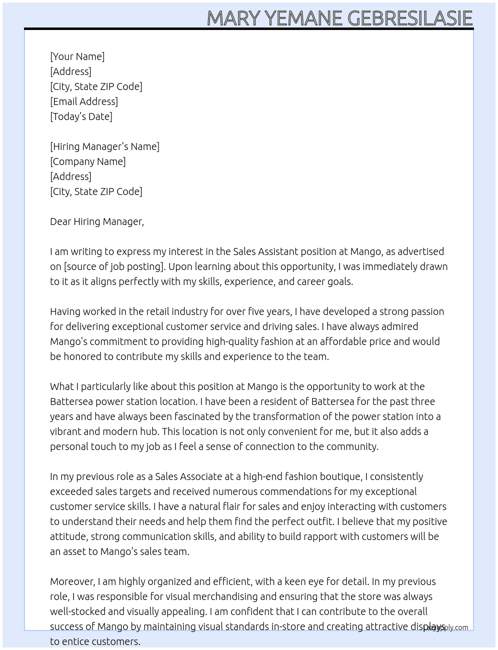 Sales Assistant  At Mango Cover Letter