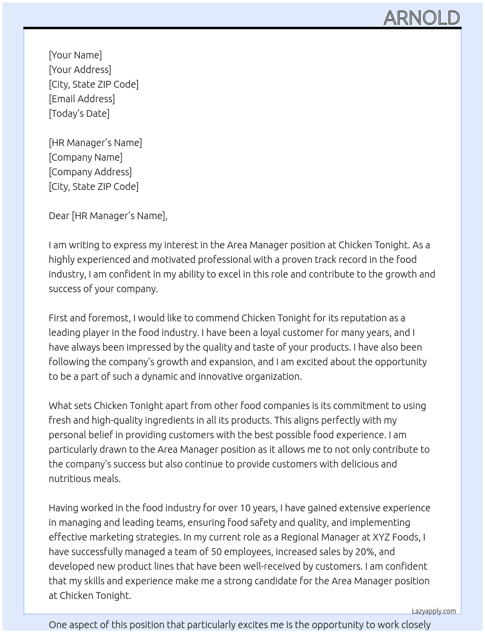 area manager At CHICKEN TONIGHT Cover Letter