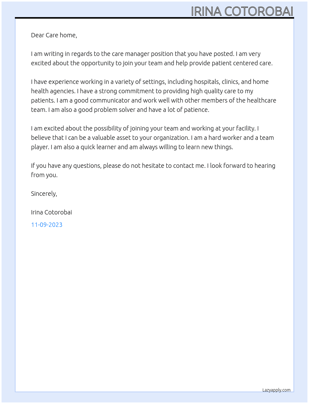 Care manager  At Care home Cover Letter