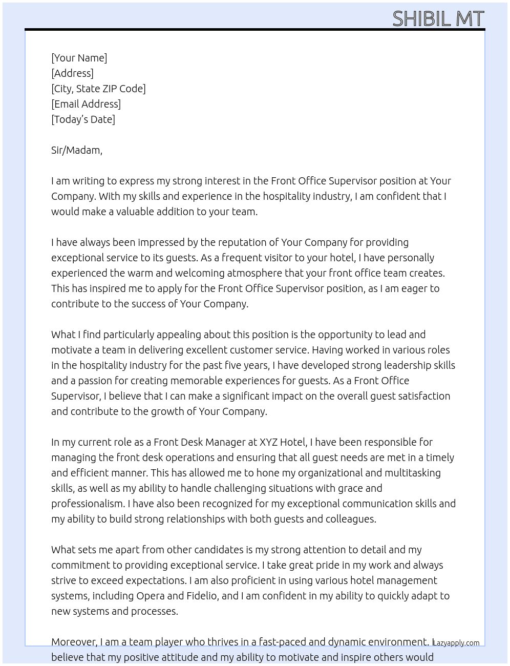Front office supervisor At Your company  Cover Letter