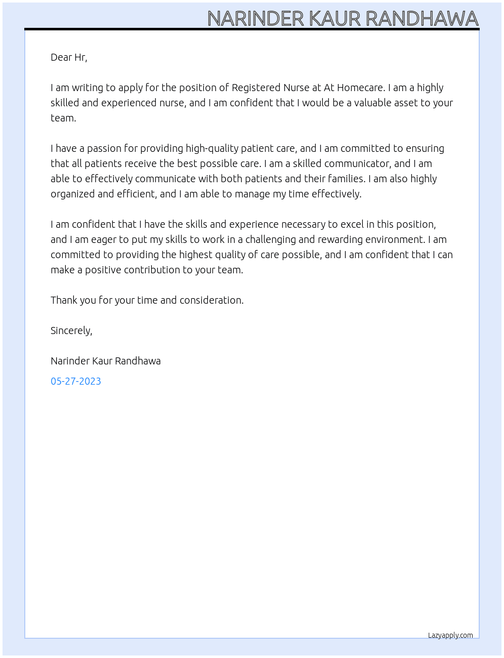 Registered Nurse At At Homecare Cover Letter