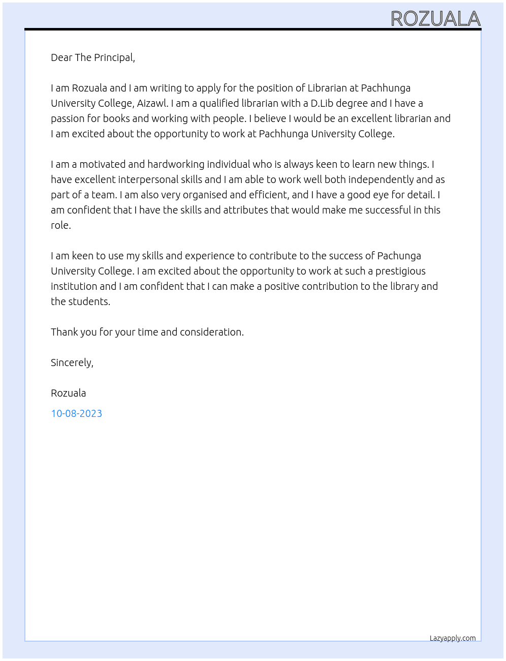 Librarian  At Pachhunga University College, Aizawl Cover Letter