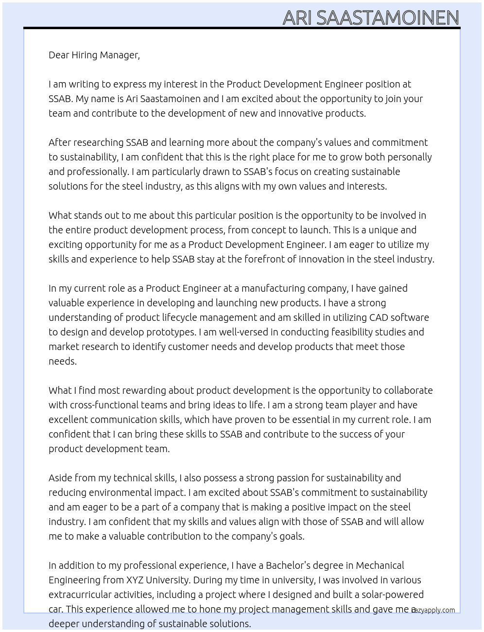 Product development engineer At SSAB Cover Letter