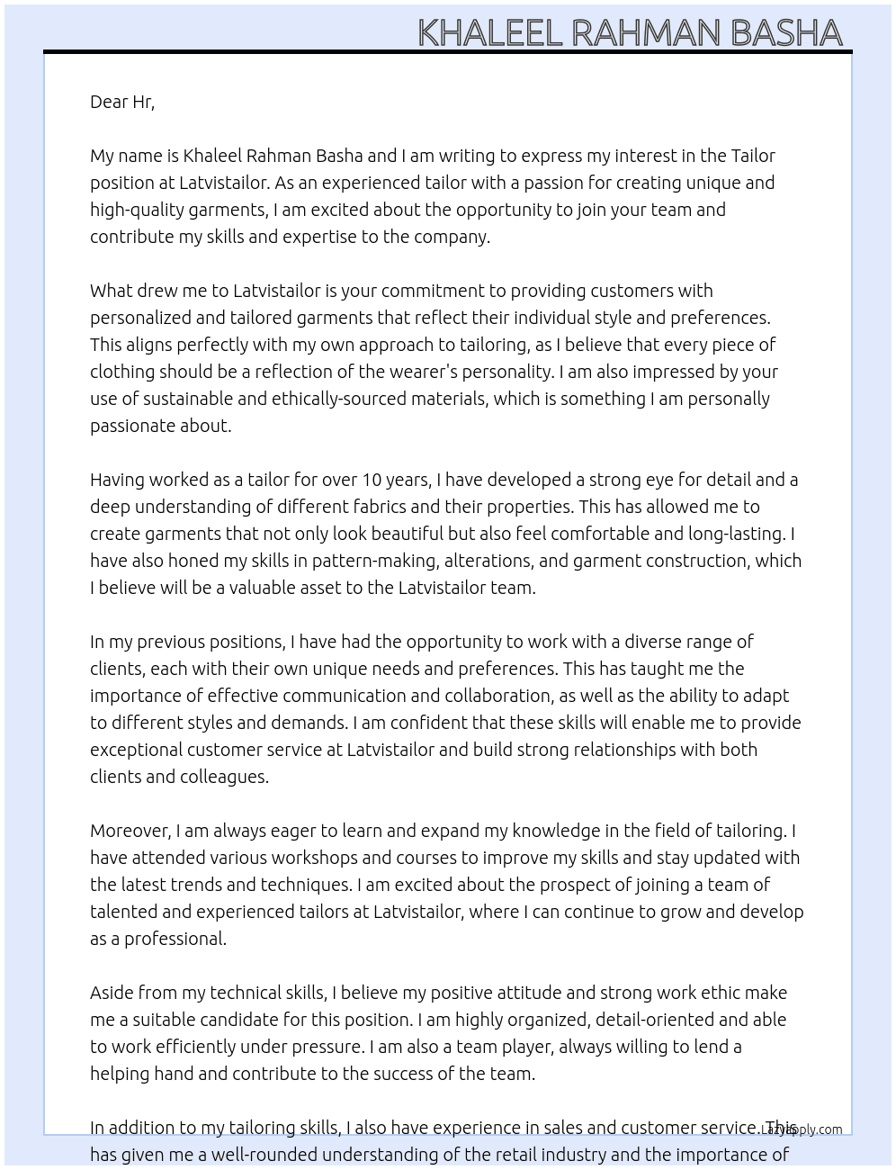 Tailor  At Latvistailor Cover Letter