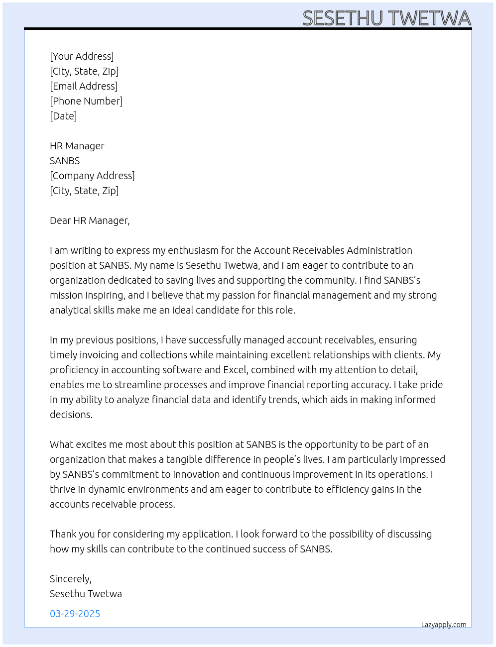 Account receivables administration  At sanbs Cover Letter