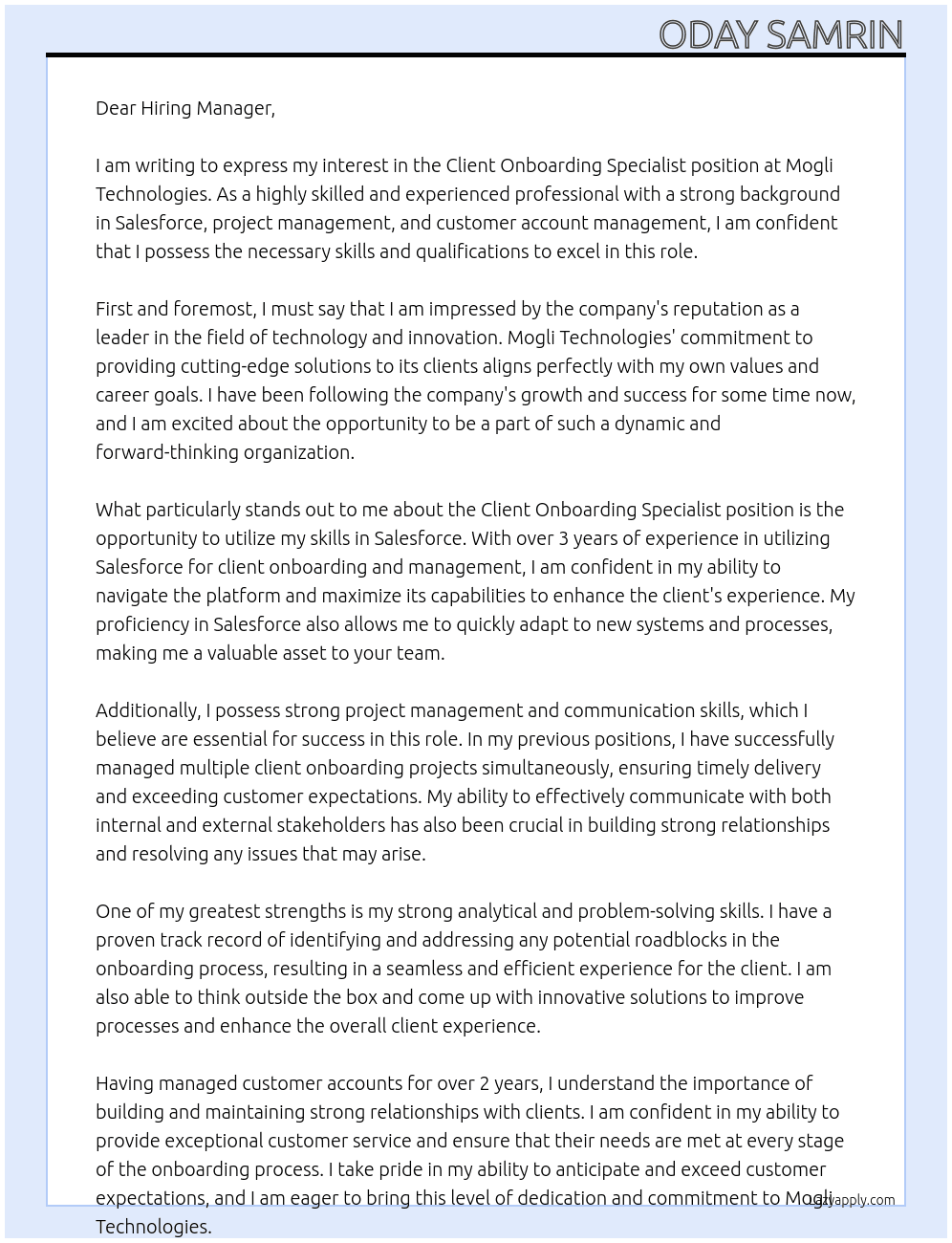 Client Onboarding Specialist At Mogli Technologies Cover Letter