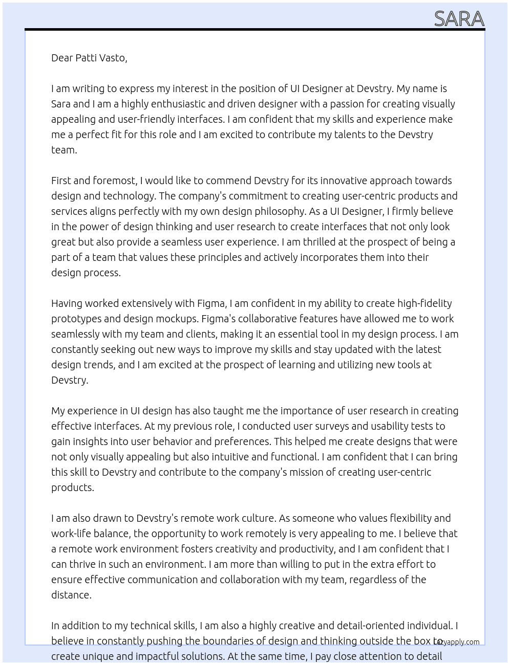 UI Designer At Devstry Cover Letter
