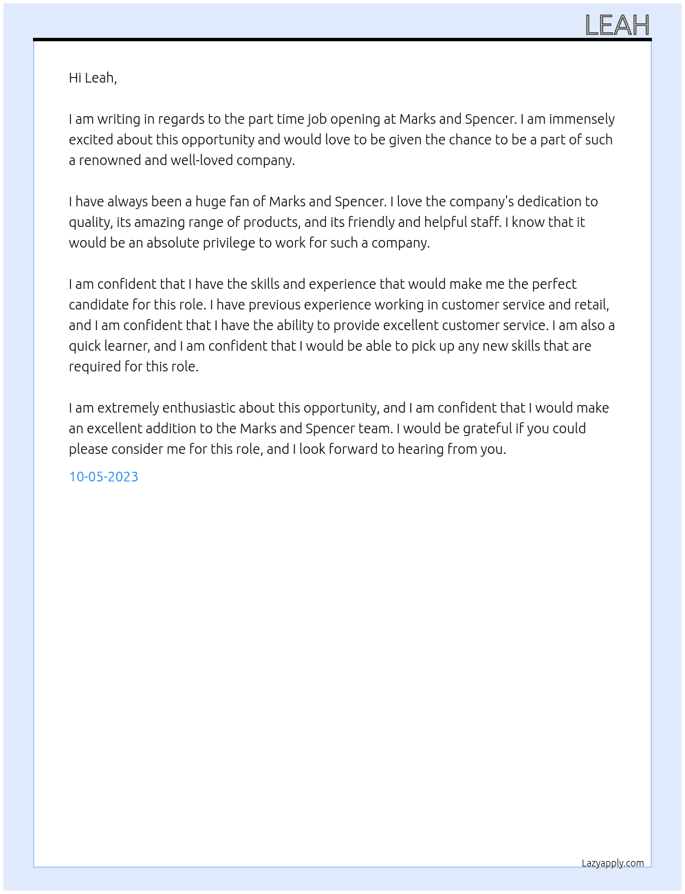 part time job  At marks and spencers  Cover Letter