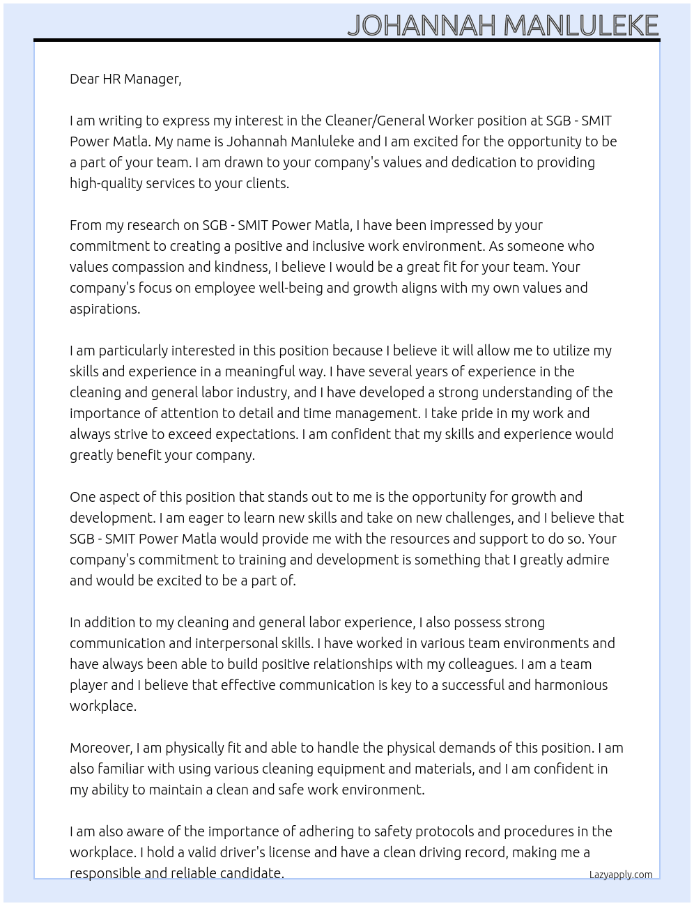 Cleaner/ General worker At SGB - SMIT POWER MATLA  Cover Letter