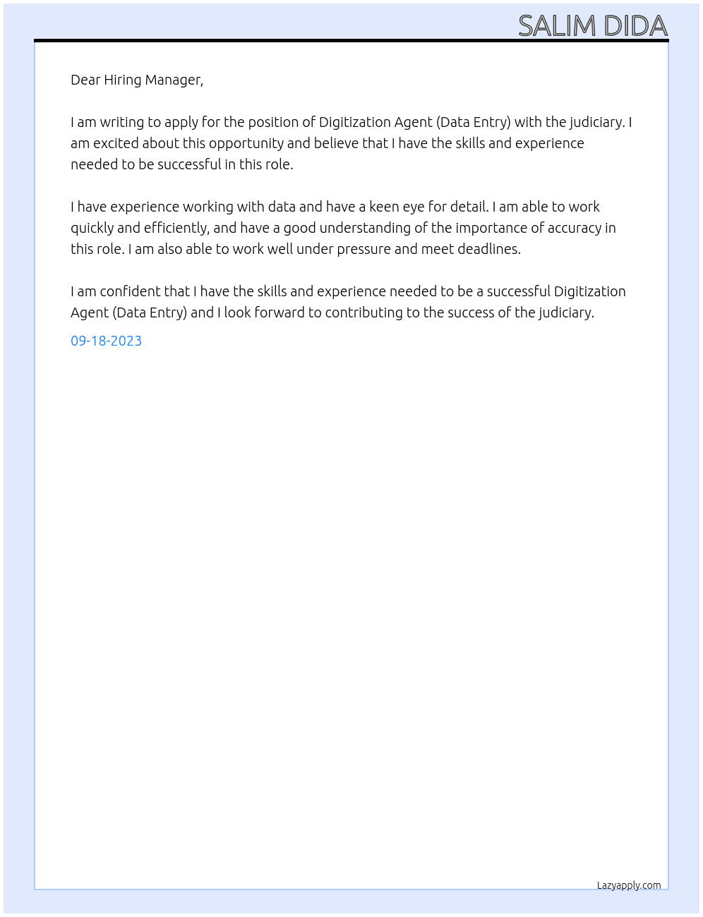 Digitization Agents (Data Entry) At judiciary Cover Letter