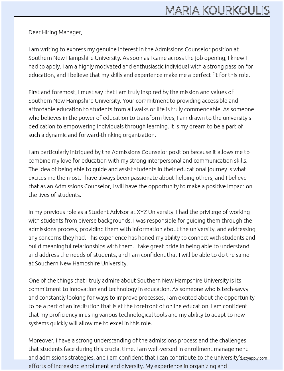 Admissions Counselor At Southern New Hampshire University Cover Letter
