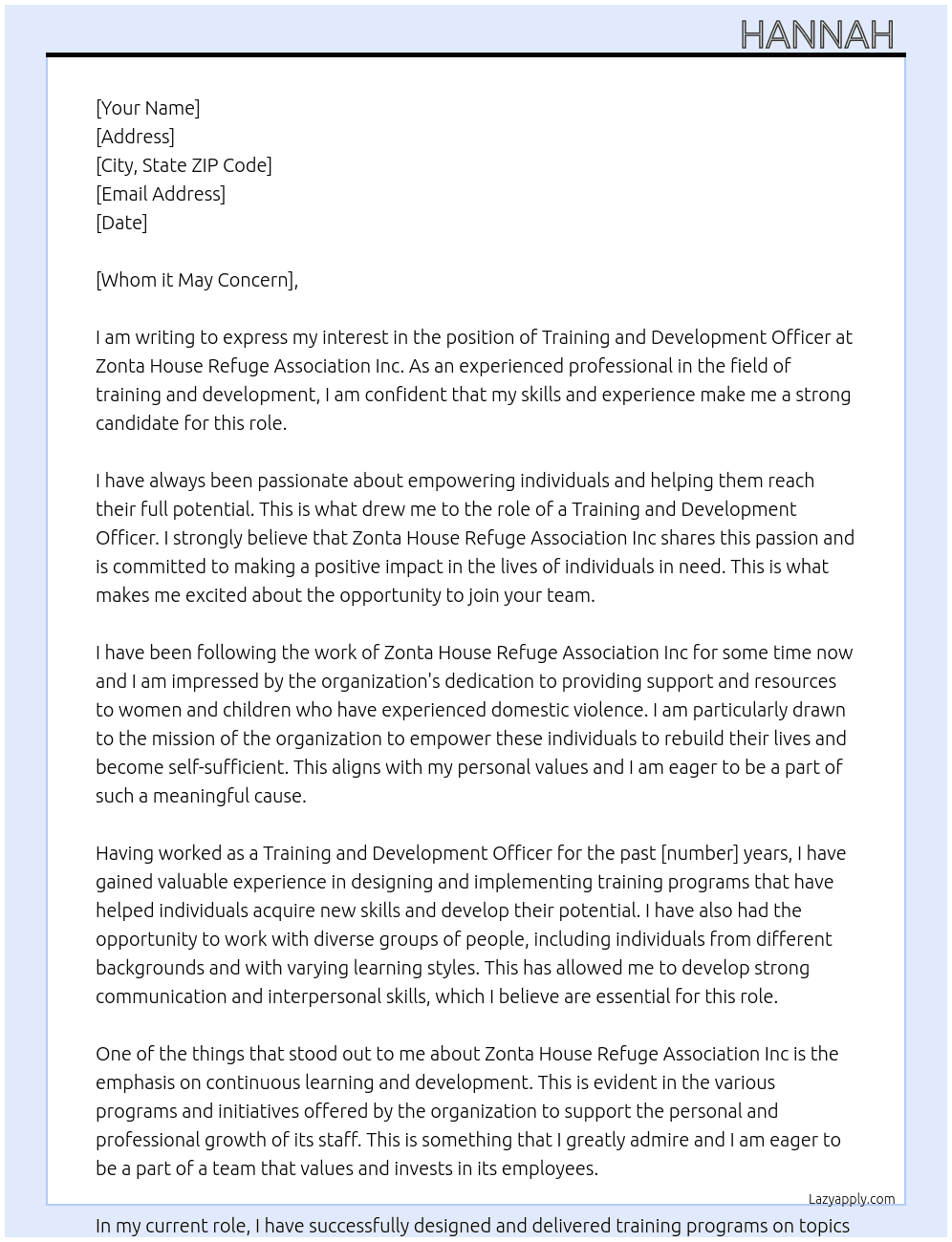 Training and developing officer  At Zonta house refuge association Inc Cover Letter