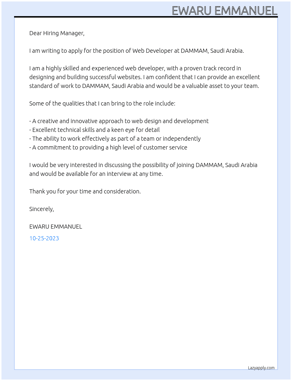 Web developer At DAMMAM,Saudi Arabia Cover Letter