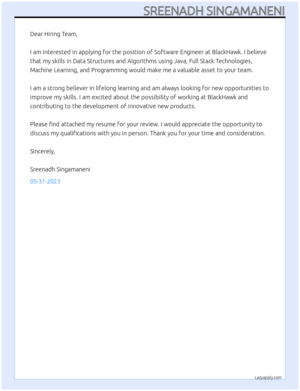 Software Engineer  At BlackHawk  Cover Letter
