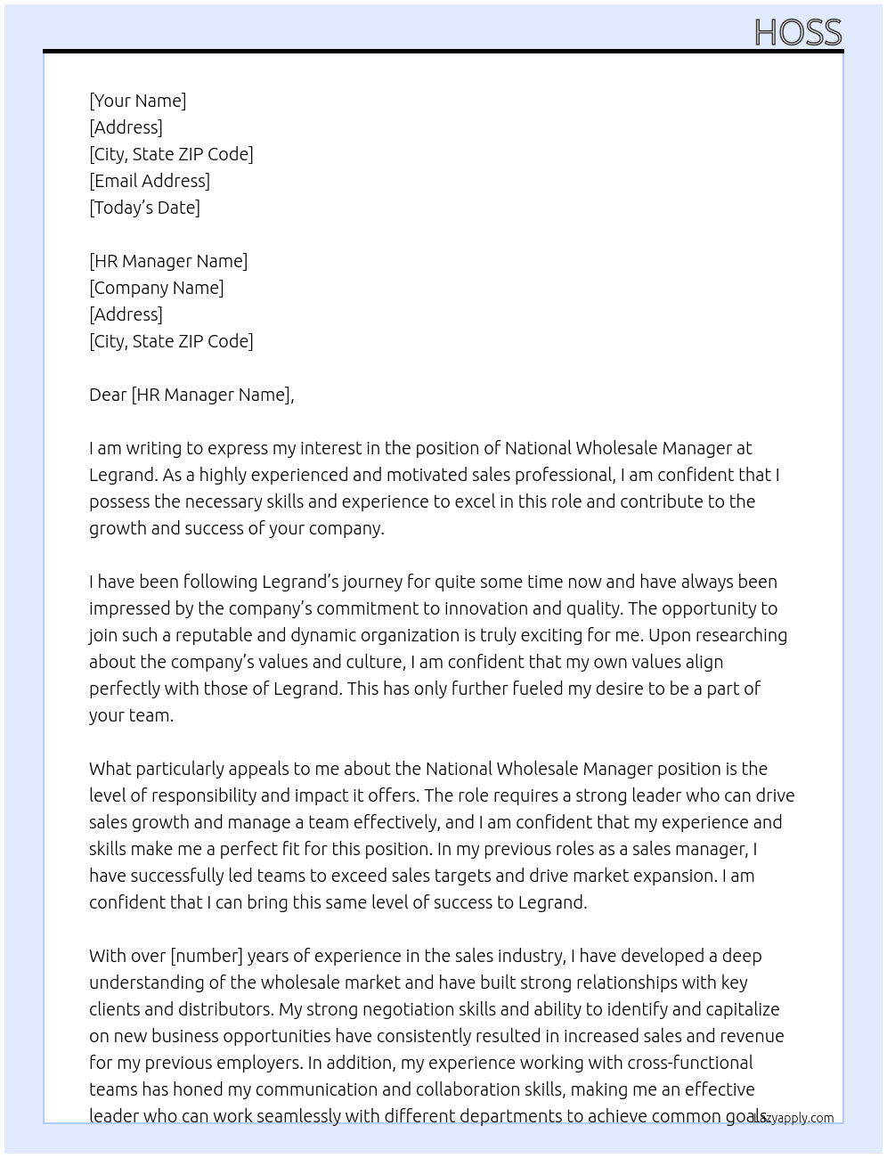 National Wholesale Manager At Legrand Cover Letter