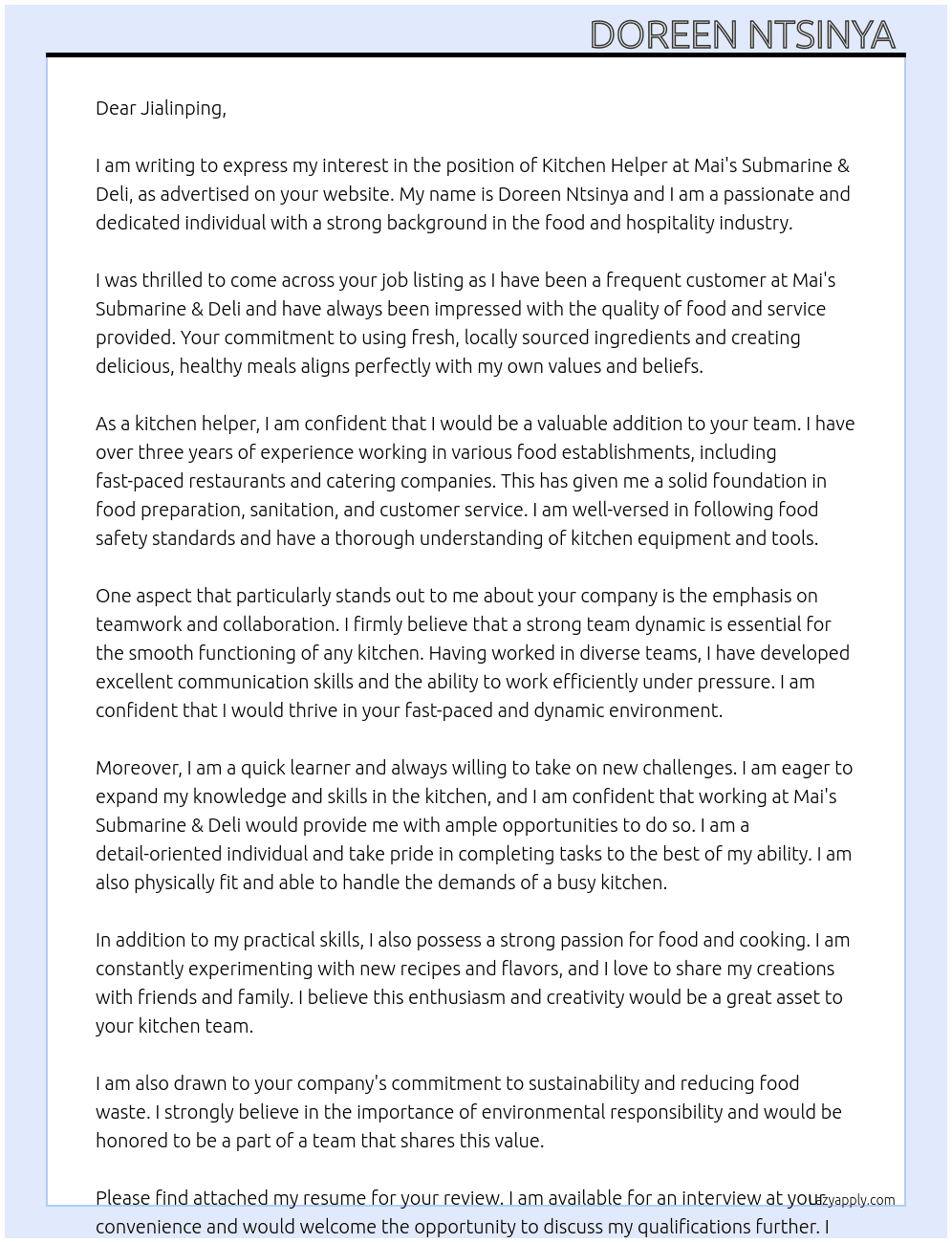 Kitchen helper  At Mai's submarine& Deli Cover Letter