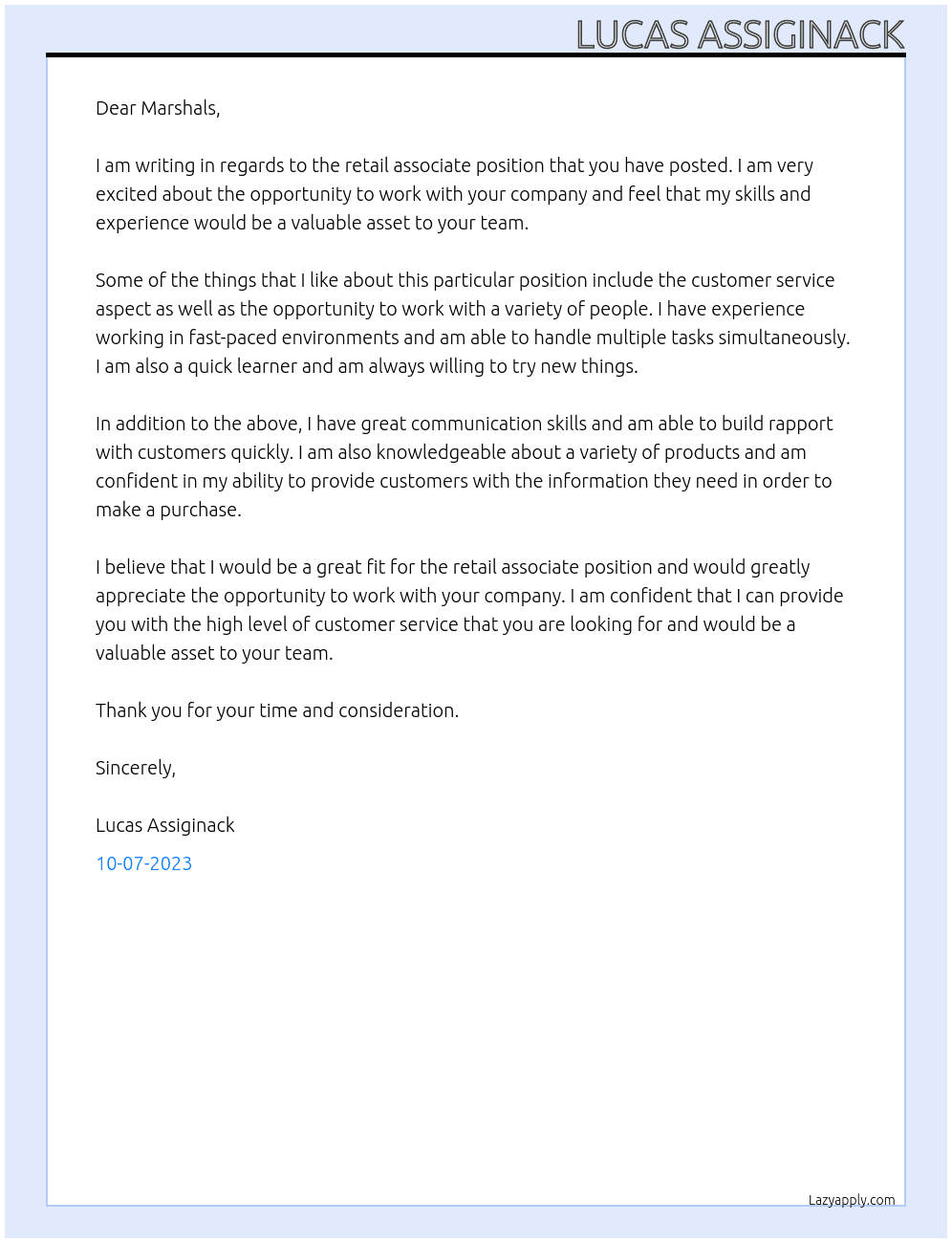 Retail associate  At Marshals Cover Letter