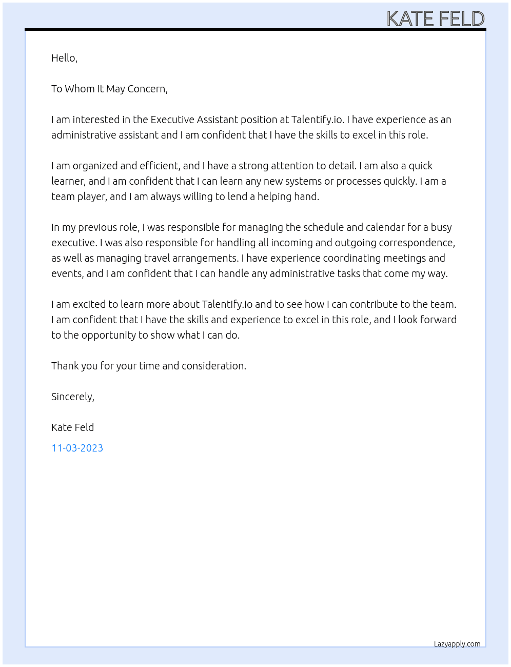 Executive Assistant At Talentify.io Cover Letter