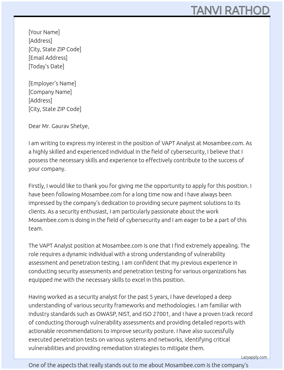 VAPT Analyst Application - Tanvi Rathod At mosambee.com  Cover Letter