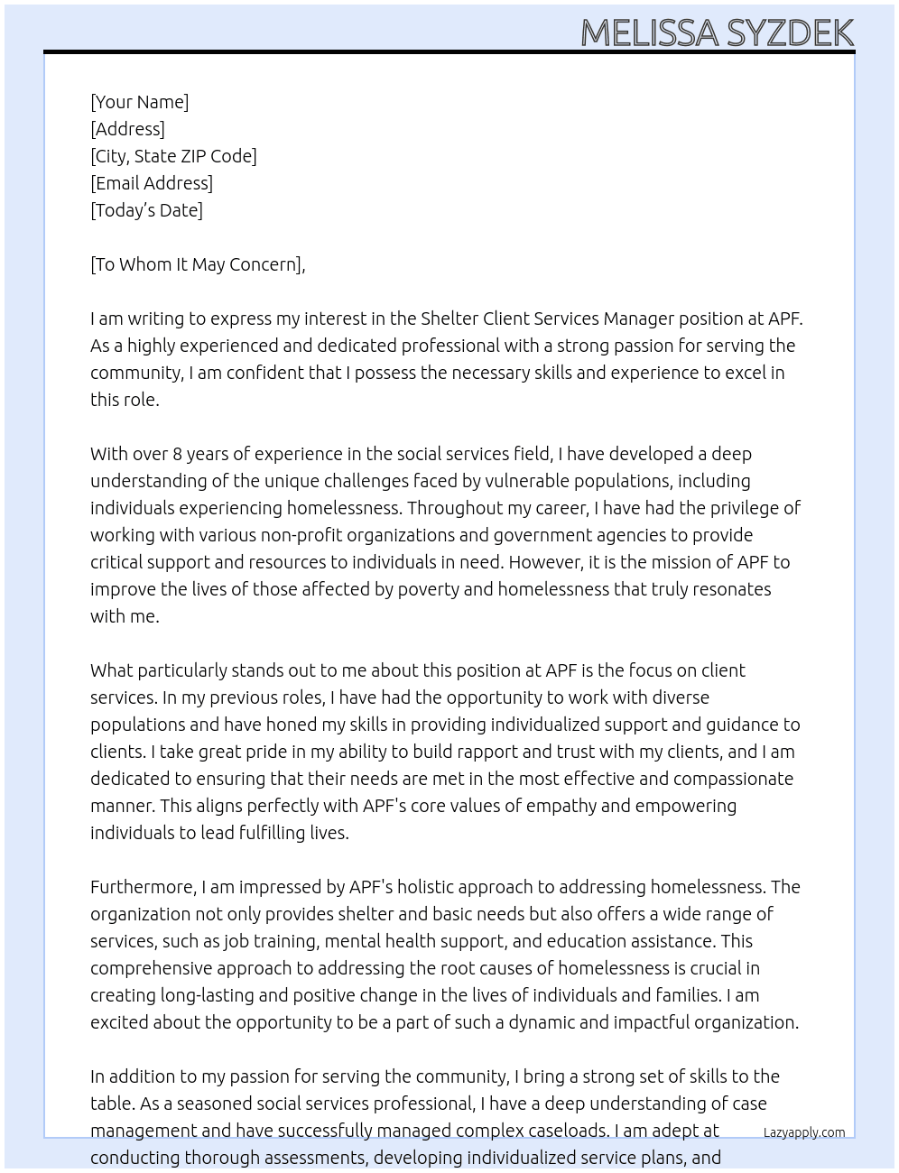Shelter client services manager At APF  Cover Letter