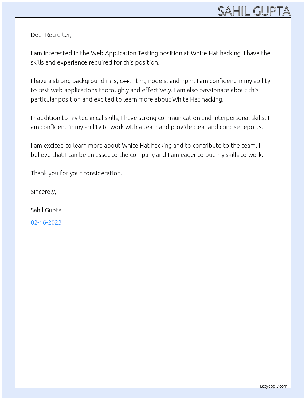 Web Application Testing At White Hat hacking Cover Letter