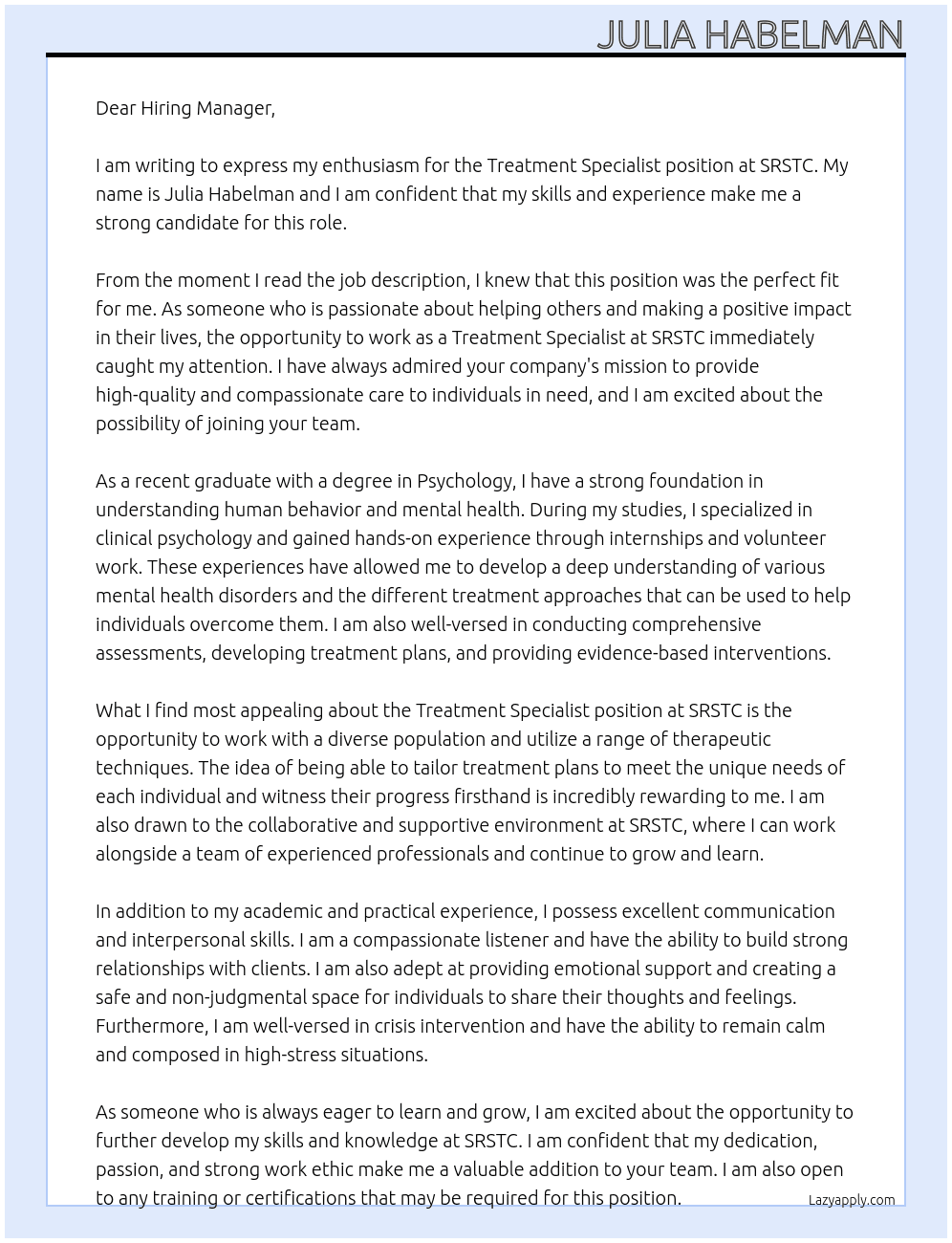Treatment Specialist At SRSTC Cover Letter