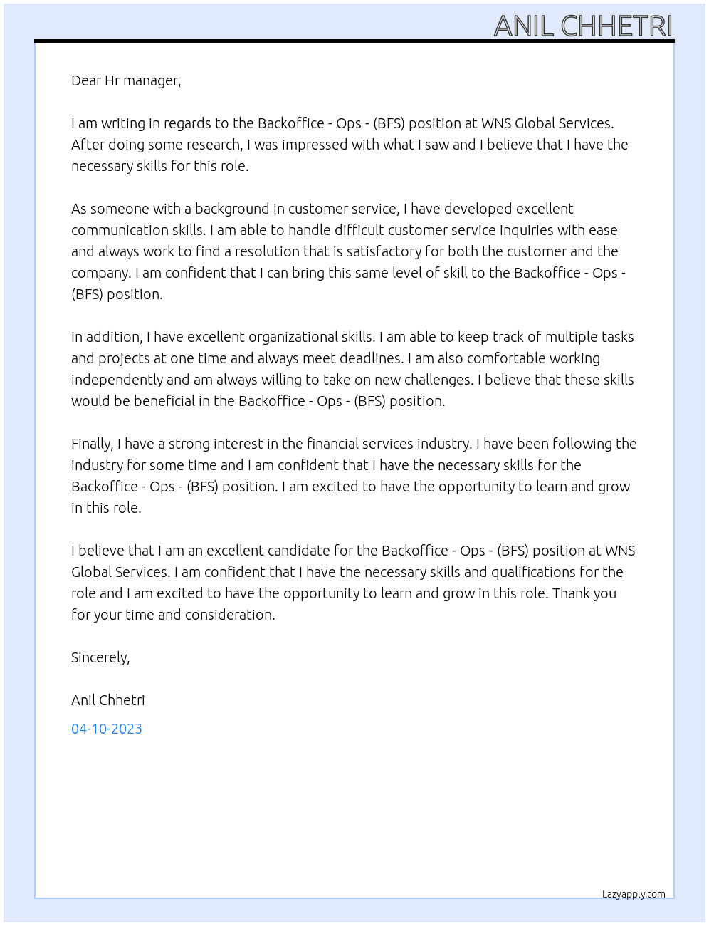 Backoffice - Ops - (BFS) At WNS Global Services Cover Letter