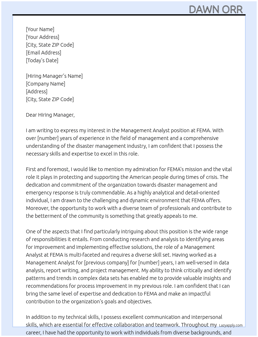 Management Analyst At FEMA Cover Letter