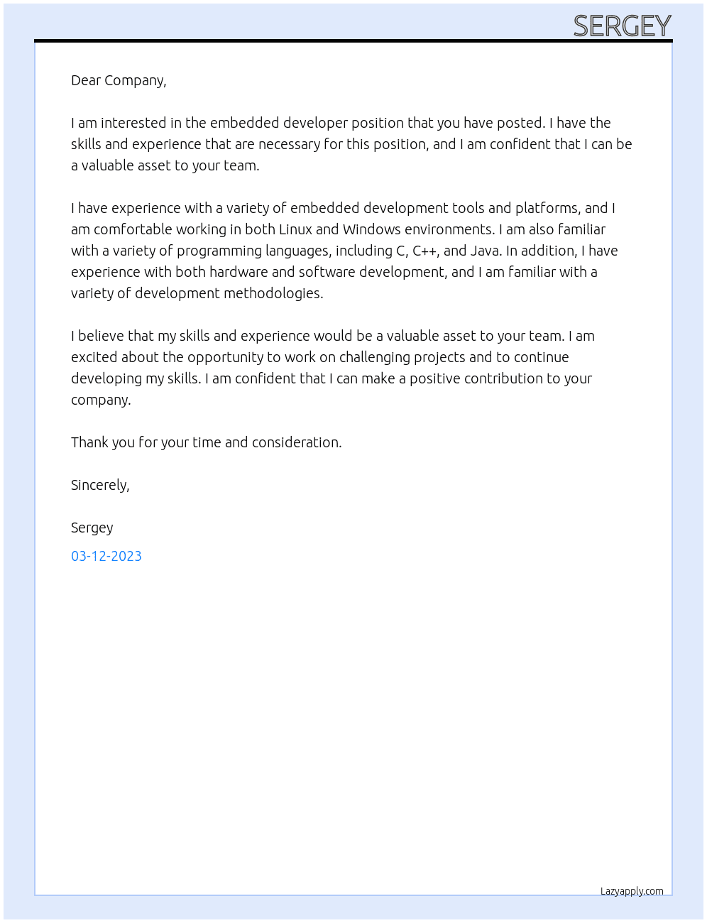 Embedded developer At Company Cover Letter
