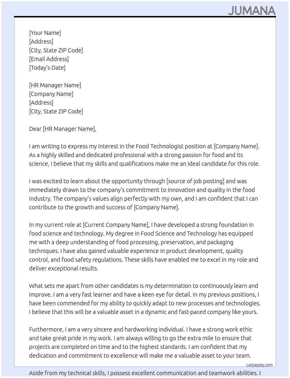 Food technologist  At Your company  Cover Letter