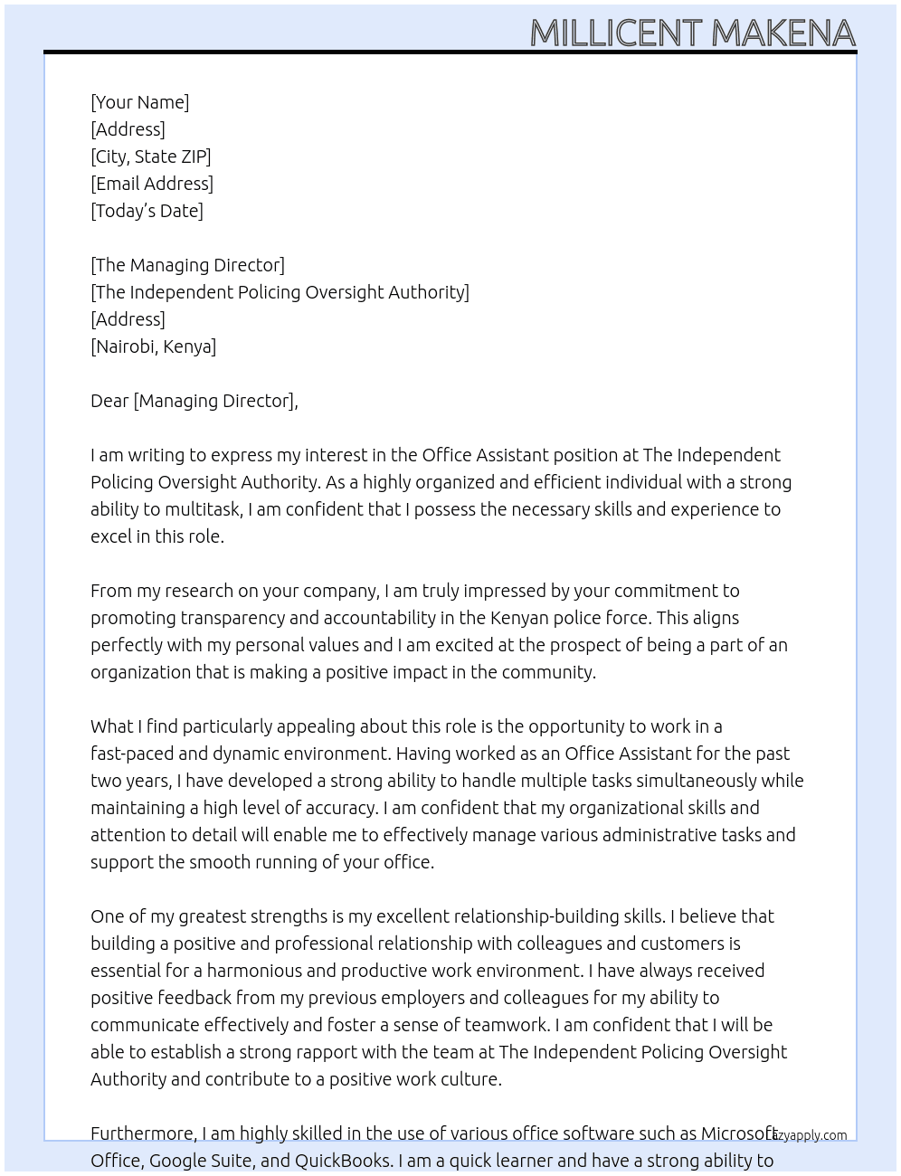 Office assistant At The independent policing oversight authority Cover Letter