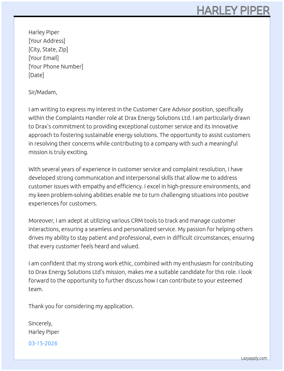 Cover letter for customer care advisor - LazyApply