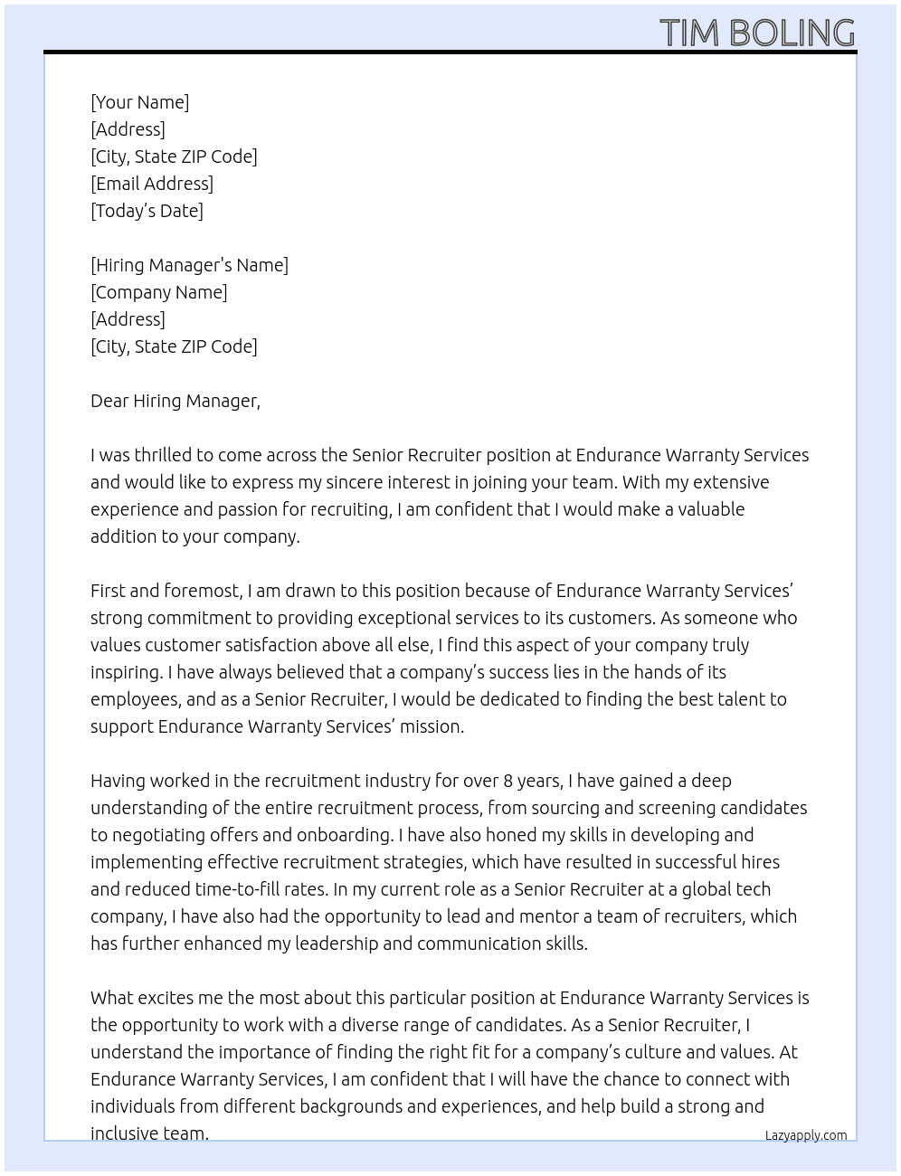 Senior Recruiter At  Senior Recruiter Endurance Warranty Services Cover Letter