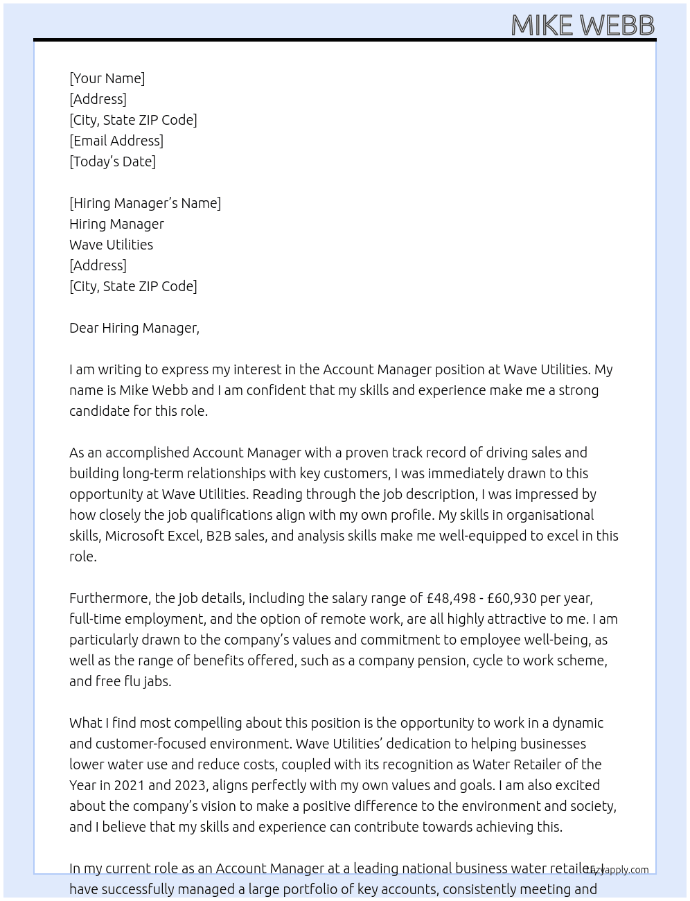 Account Manager At Wave Utilities Cover Letter