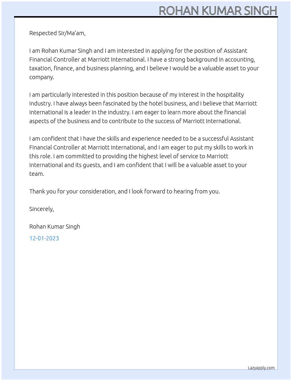 Assistant Financial Controller At Marriott International  Cover Letter