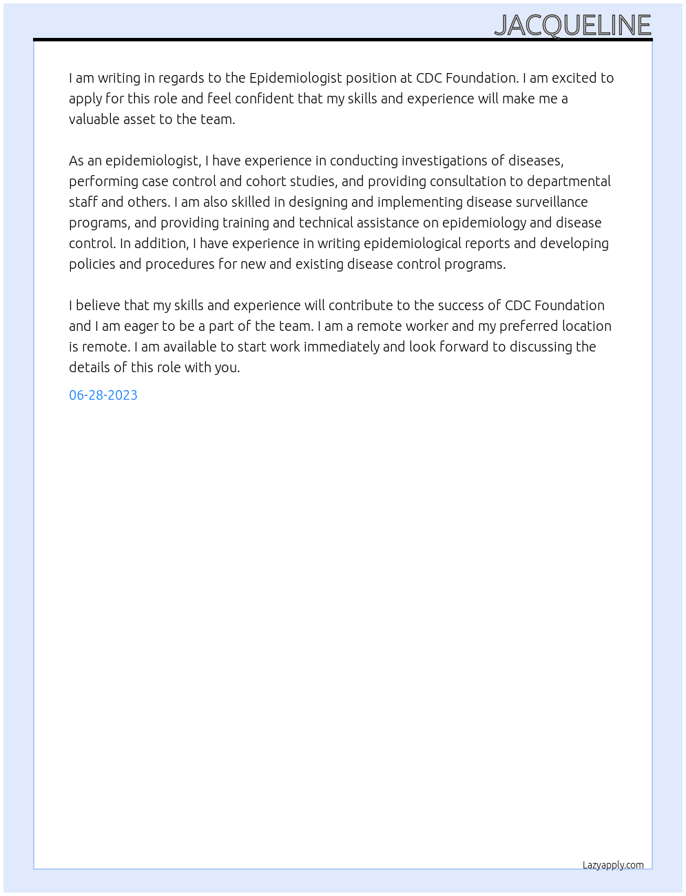 Epidemiologist At CDC Foundation Cover Letter