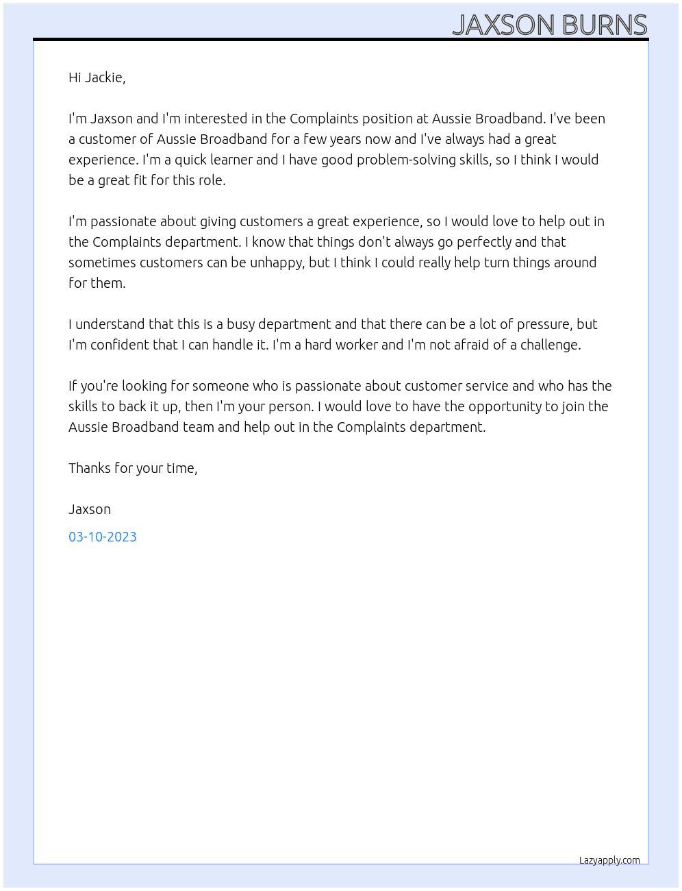 complaints At Aussie Broadband Cover Letter