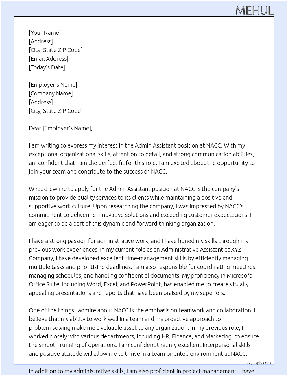 admin assistant At NACC Cover Letter