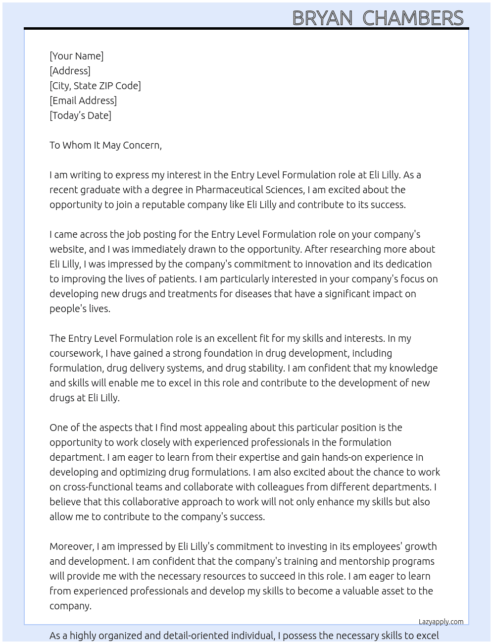 Entry level formulation  At Eli Lilly  Cover Letter