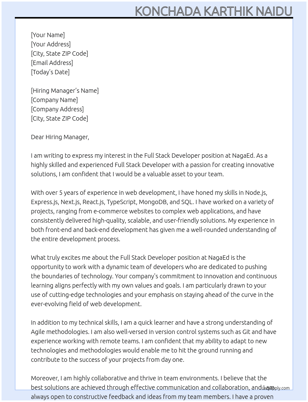 full stack developer At NagaEd Cover Letter