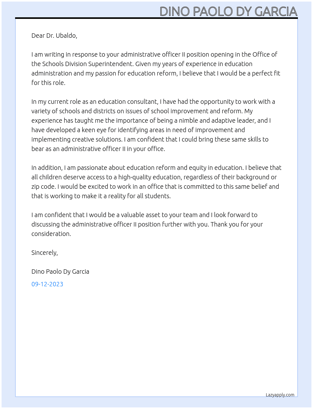 Administrative Officer II At Office of the Schools Division Superintendent Cover Letter
