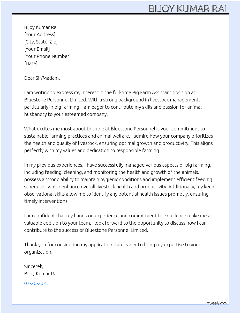 Pig farm assistant  At Bluestone personnal limited  Cover Letter