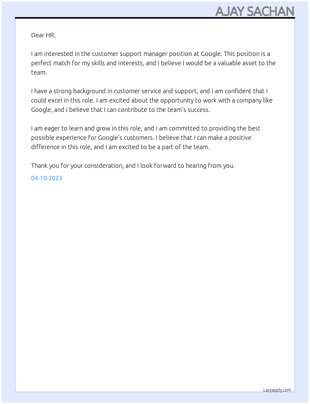 customer support manager At google Cover Letter