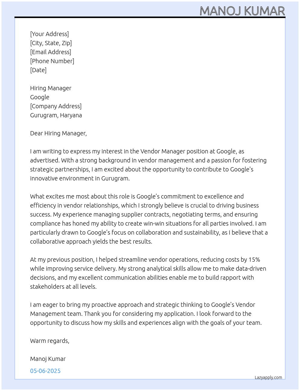 Cover letter for vendor manager - LazyApply