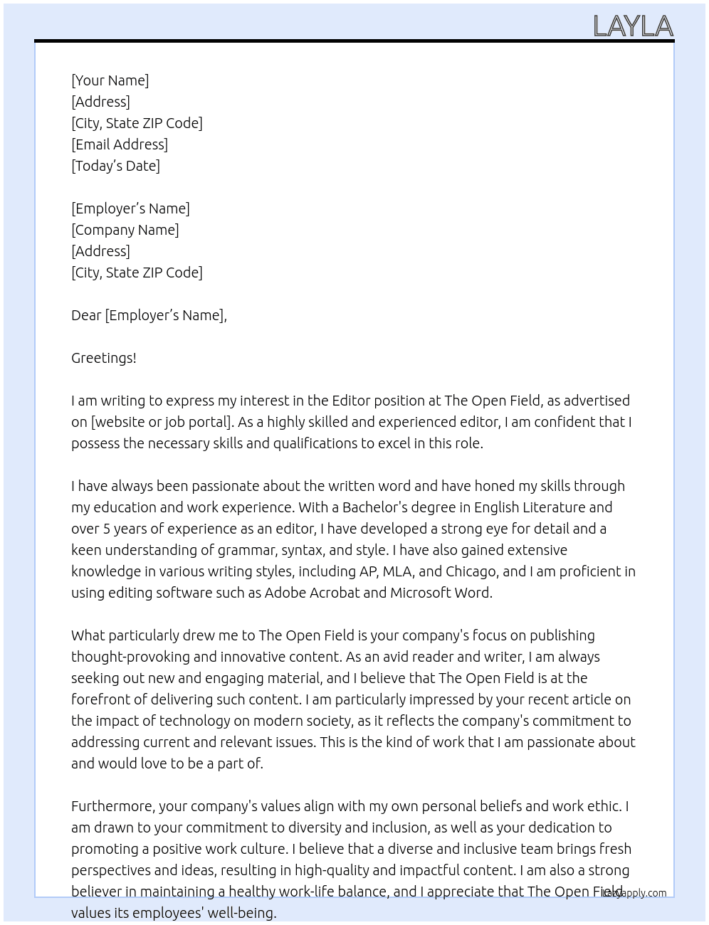 Editor At The Open Field Cover Letter