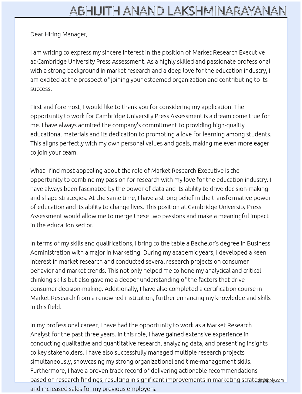 Cover letter for markert research executive - LazyApply