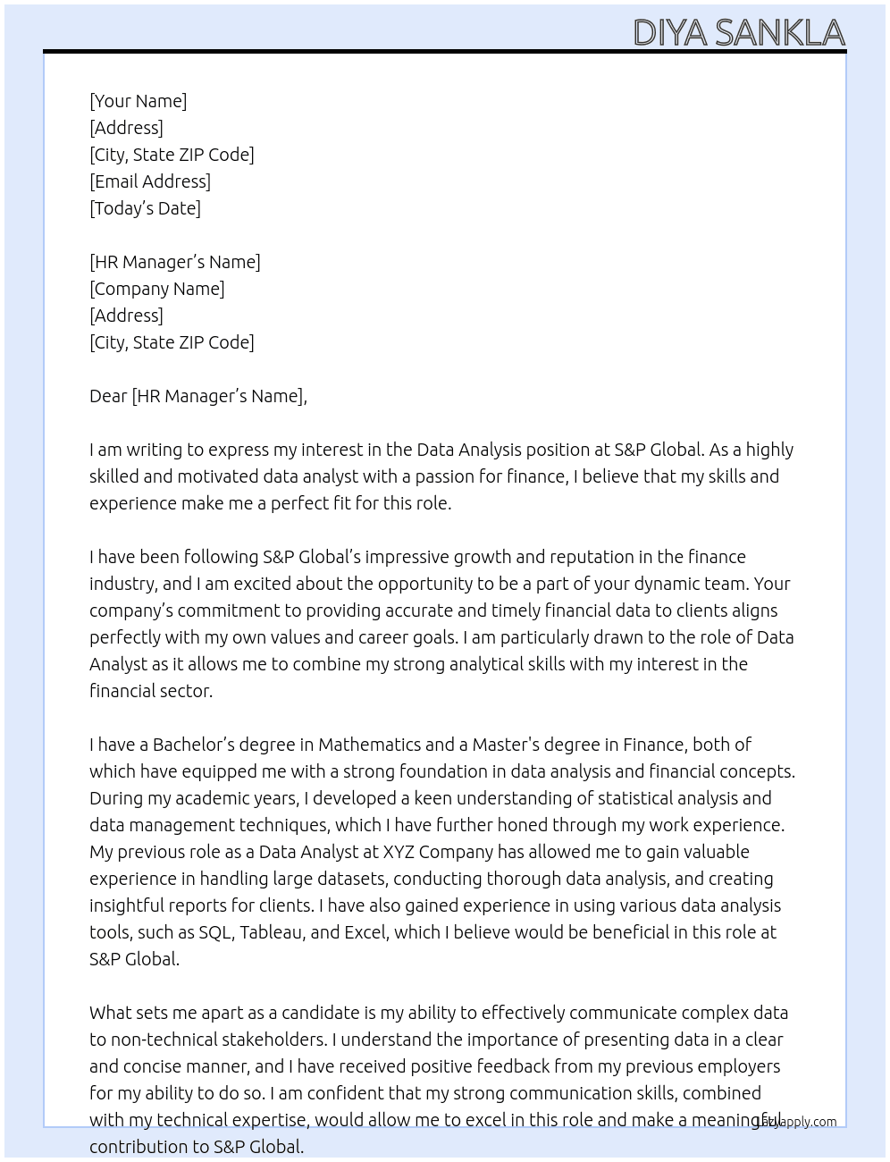 Data Analysis At S&P Global Cover Letter
