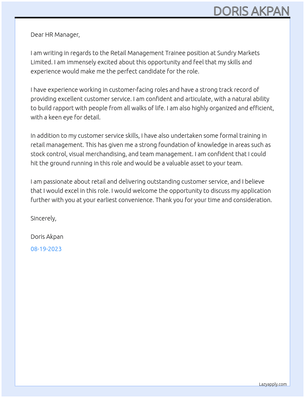 Retail Management Trainee At Sundry Markets Limited  Cover Letter